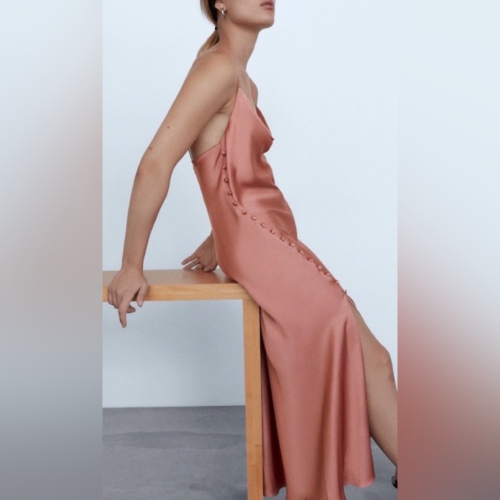 ZARA LIKE NEW Satin Button Cowl neck Midi Dress - Picture 2 of 8